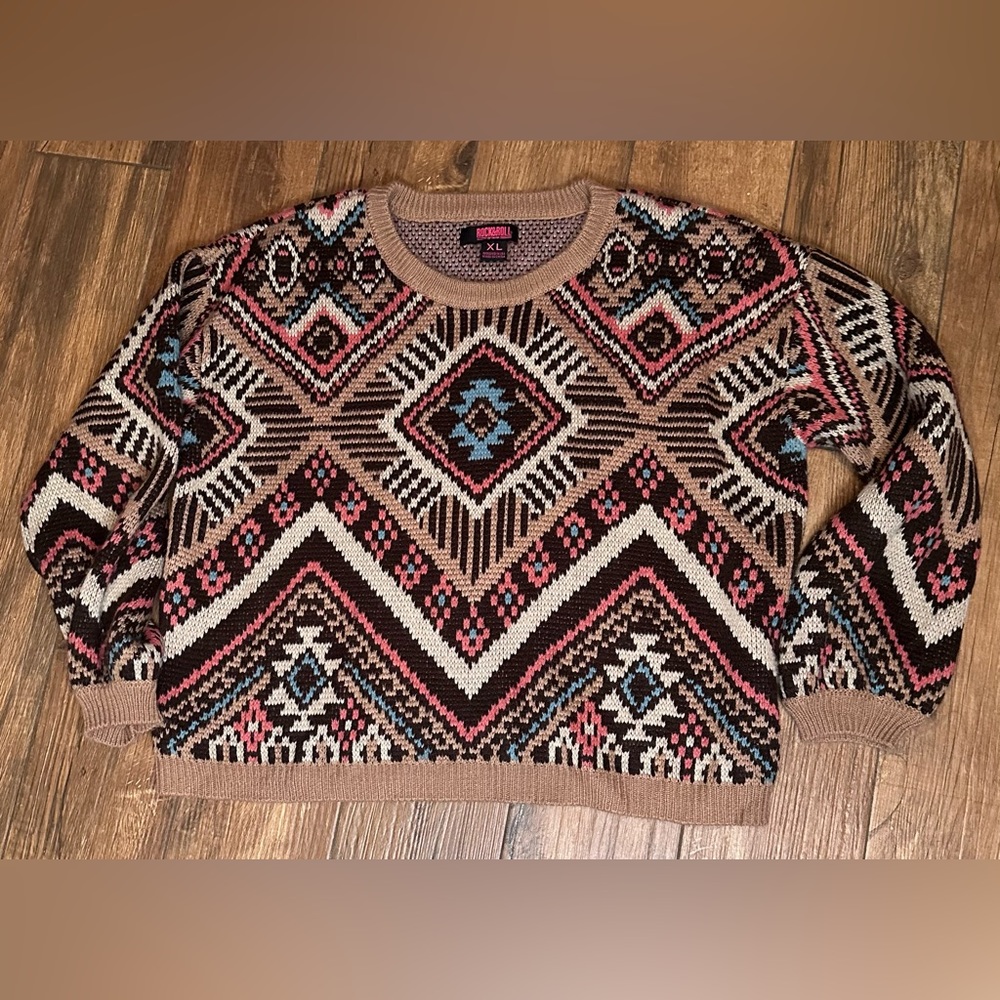 Rock & Roll Cowgirl Aztec Print Sweater XL